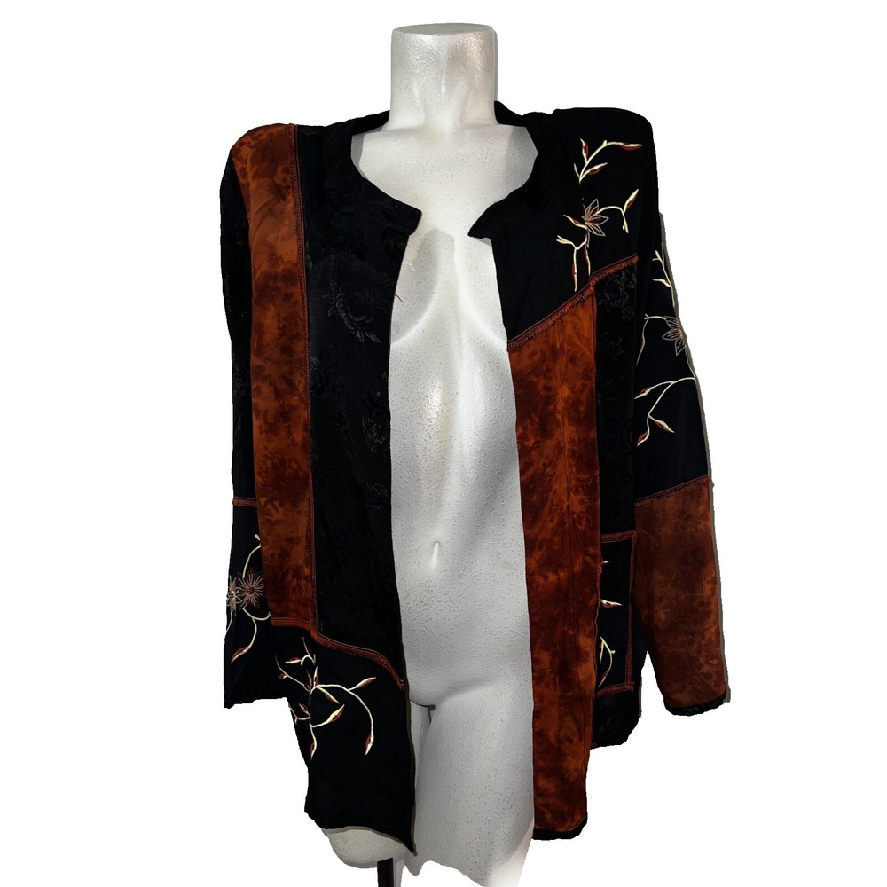 Drapers & Damons Womens 1X Open Front Patchwork Jacket Floral Embroidered Rayon